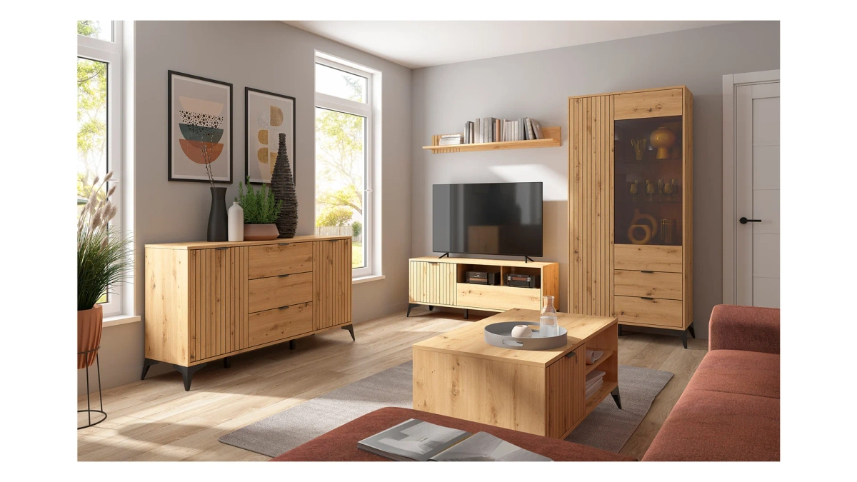 Witryna wysoka Lamea 90 cm z 2 drzwiami i 2 szufladami dąb artisan BRW